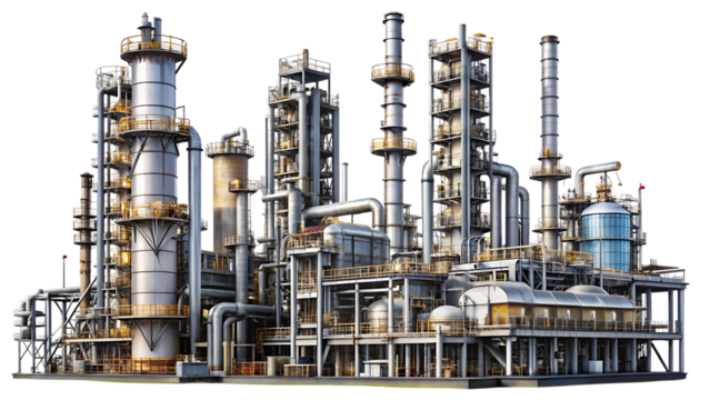 Industrial Oil Refinery Plant With Towers Pipes And Tanks On Black Background industry isolated on a transparent background