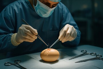 A meticulous surgeon performing a delicate operation on an egg, showcasing precision and care in a sterile environment with surgical instruments surrounding the scene.