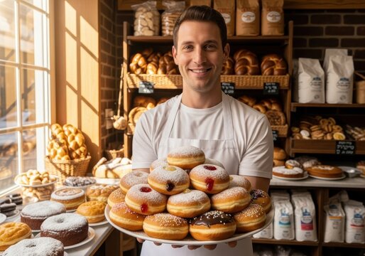 Smiling man baker holding plate of hanukkah sufganiyot donuts in bakery. Jewish holiday celebration food. Traditional Hanukkah treat.
