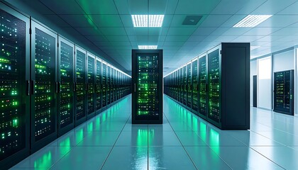 Modern server room, glowing green