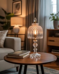 Elegant crystal table lamp illuminating a cozy living room scene with books and furniture.