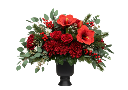 Lifelike floral centerpiece with red amaryllis, roses, white blossoms, pine, eucalyptus, red berries, on transparent studio background with copy space, concept of festive elegance - Powered by Adobe