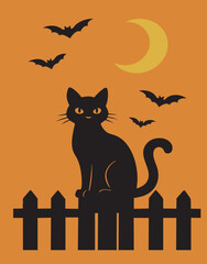 Cute Halloween Cat on a Fence at Night