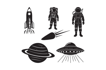 Retro space exploration icons with astronauts planets and ufos © Sadek