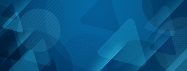 Blue abstract background with geometric shapes, stripes, and dots, creating a layered, dynamic visual effect.
