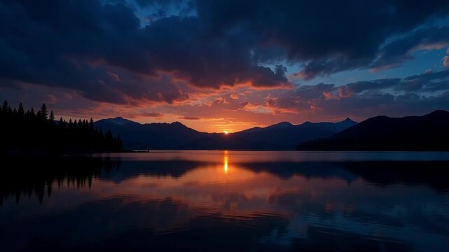 Dramatic sunset over a serene lake with fiery reflections and dark, moody clouds.