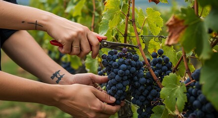 Obraz premium Harvesting time in the vineyard: a close-up on hand-picked ripe grapes ready to be processed for