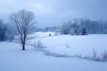 Obraz premium Winter landscape with snow-covered fields and bare trees under a gray sky