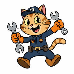 Happy cartoon cat mechanic holding wrenches ready for work with a cheerful attitude