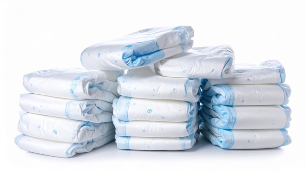 Stack of white disposable diapers with light blue accents&mdash;arranged in three neat rows on clean white background