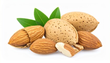 Group of almonds—three shelled with smooth brown ridges, three unshelled with rough beige shells, accented by green leaves on white background