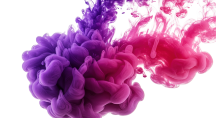 luminous purple and pink ink plumes swirl elegantly in crystal-clear water, forming organic cloud-like shapes against a transparent background, concept of strategic agility