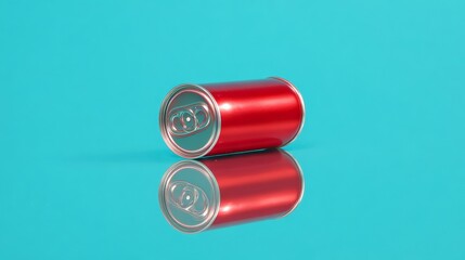 A vibrant red soda can reflecting on a sleek turquoise surface.
