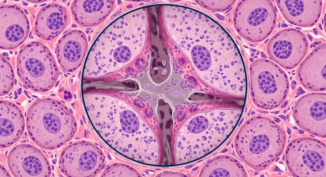 High-magnification micrograph of an osteocyte within its lacuna, illustrating bone cell structure against surrounding cartilage tissue