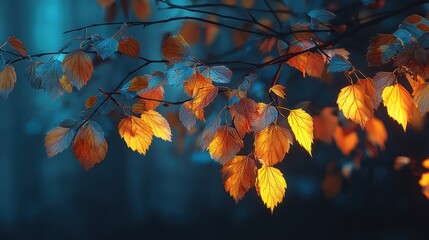 Autumn Leaves Displaying Vibrant Golden and Orange Hues against a Dark Blue Forest Background, Evoking Fall Season