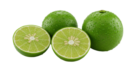 Four fresh limes, one whole and three halved with juicy pulp and water droplets, on a transparent background, refreshing food product concept