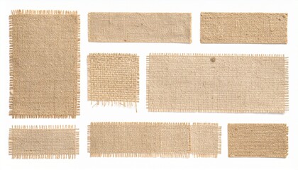 Grid of frayed burlap fabric swatches on white background, showcasing coarse texture and natural fiber variation