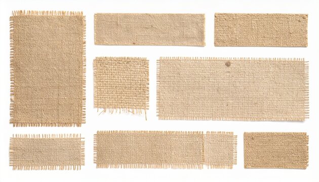 Grid of frayed burlap fabric swatches on white background, showcasing coarse texture and natural fiber variation