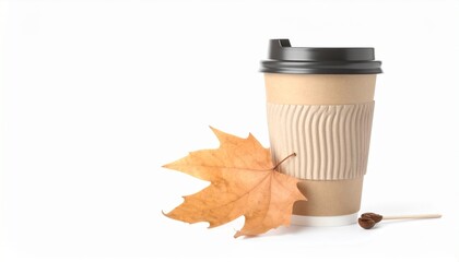 Disposable coffee cup with brown sleeve and black lid next to vibrant orange maple leaf—white background, evoking autumn warmth and seasonal comfort