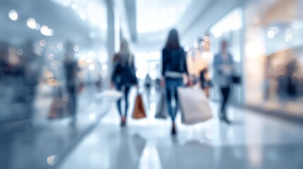Blurred image of shoppers in a modern retail environment, creating a sense of activity.