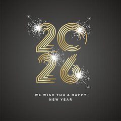 Happy New Year 2026 modern new trendy golden pop line design typography abstract numbers white sparke firework logo icon black background vector