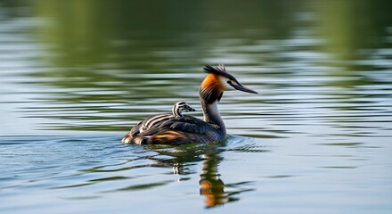 Fototapeta premium A duck swims in calm water with greenery blurred in the background. Duck has brown patch on neck. Serene atmosphere. AI Generated