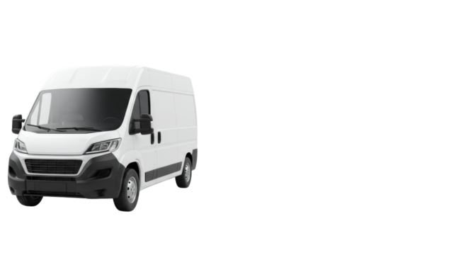 transparent modern commercial delivery van, sleek minibus model, black grille, dark grey bumper, clear headlights, eye-level front view, isolated on brilliant white studio background for