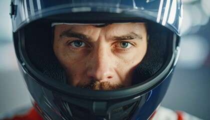 Close-up of person wearing glossy dark racing helmet with raised visor—intense blue eyes visible, focused expression, motorsport atmosphere