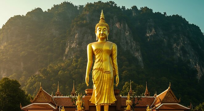 Golden Standing Buddha Statue with Mountain Background in Thailand.