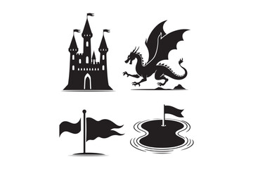 Fantasy castle dragon flag and water icons silhouette