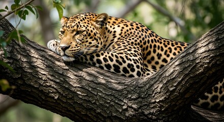 Leopard rests on tree branch, golden-brown coat with black spots, green blurry background, peaceful atmosphere, nature theme. AI Generated