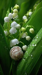 Delicate white flowers, glistening with dew drops, surround a small snail nestled amongst lush green leaves.