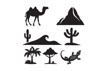 Obraz premium Desert landscape silhouettes featuring camel cactus and lizard