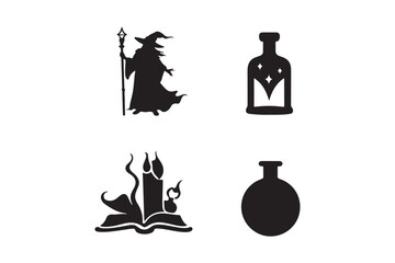 Four halloween icons wizard potion candle and book