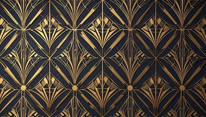 Symmetrical Art Deco pattern with gold fan shapes and geometric lines on dark background