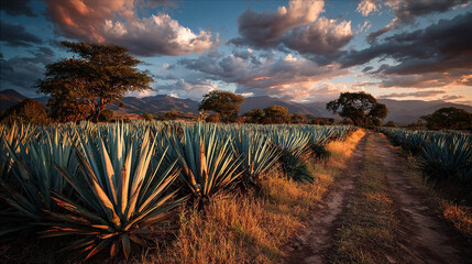 Campo de agaves majestuoso y sereno al atardecer en Jalisco, M&eacute;xico.

