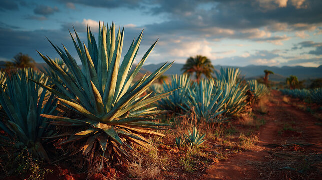 Campo de agaves majestuoso y sereno al atardecer en Jalisco, M&eacute;xico.

