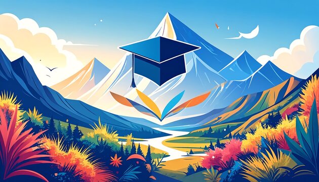 Vibrant landscape illustration featuring a graduation cap poised over a picturesque valley, evoking a sense of accomplishment and new beginnings.