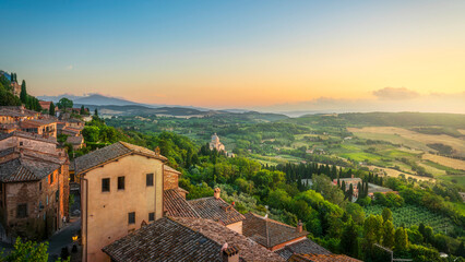 Naklejka premium Montepulciano village panoramic view at sunset. Tuscany, Italy