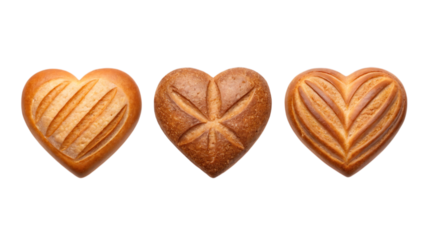 Heart shaped bread loaves variety on transparent background