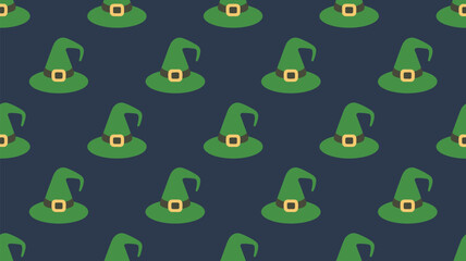 Obraz premium Charming pattern of repeating green witch hats with gold buckles on a deep navy background