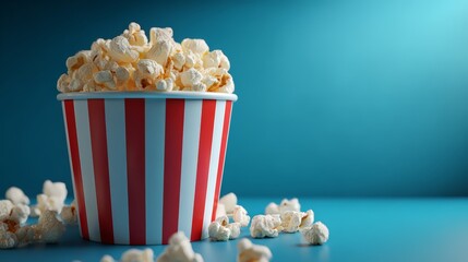 Freshly made popcorn in a striped bucket on a blue background.
