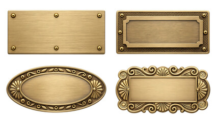 Set of golden metal nameplates and plaques on transparent background
