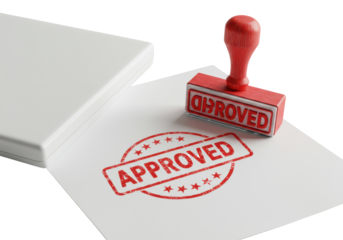 Pristine red rubber stamp 'APPROVED' with five stars in circle on a crisp white official document, top-down view, clean negative space, studio shot, business approval concept