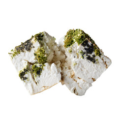 Two rough white mineral specimens with golden inclusions isolated on transparent background