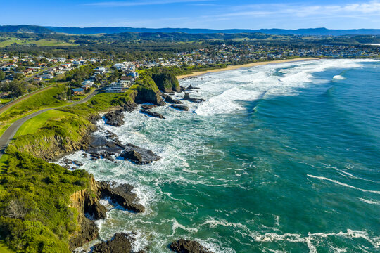 Drone aerial photograph of the rugged coastline in the Kiama suburb of Kiama Downs on the South Pacific Ocean coast in the Illawarra region on the south coast of New South Wales, Australia.