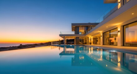Luxury Villa Infinity Pool Overlooking Ocean at Sunset Coastal Living Real Estate and Vacation Home Dream Destination Tropical Getaway