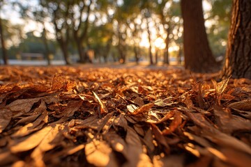 Fototapeta premium Sunlight filters through trees illuminating fallen leaves in a tranquil park during early evening