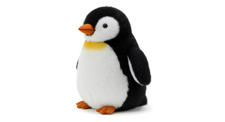Fototapeta premium Plush penguin toy with round body, black and white fur and orange beak, realistic style, isolated on white background