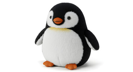 Fototapeta premium Plush penguin toy with round body, black and white fur and orange beak, realistic style, isolated on white background